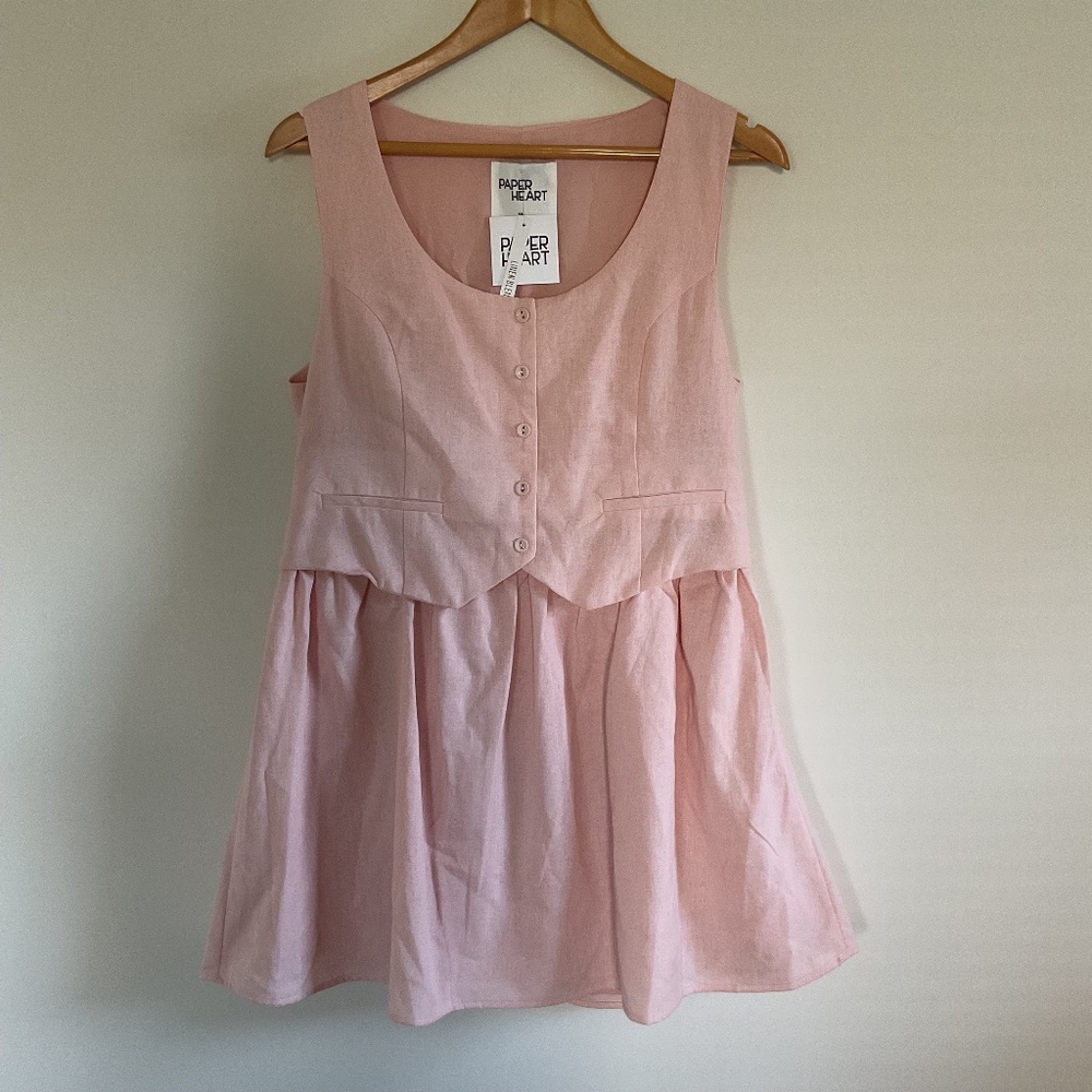 Paper Heart Linen Blend Pastel Pink Dress Sz XL Faux Separates Suit Vest Skirt